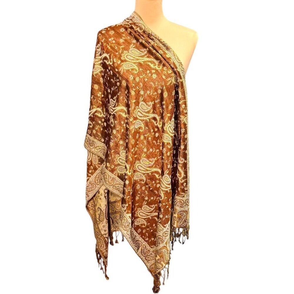 New Large Paisley Scarf Wrap Pashmina Brown Cream Fringe Classic - Picture 6 of 9